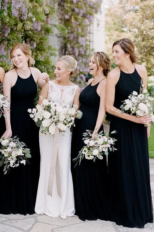 New Markdowns Spaghetti Straps Long Black Bridesmaid Wedding Party Dress