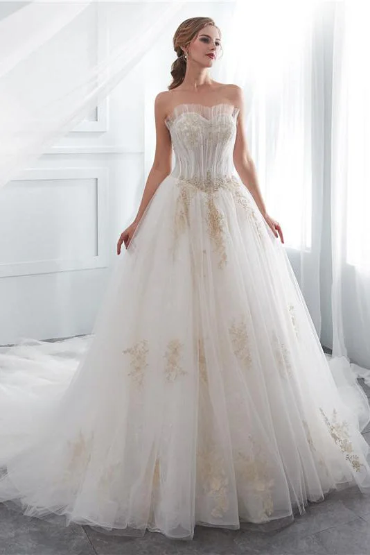 Discount Deals Long Lace-Up A-line Strapless Ivory Wedding Dress with Gold Appliques