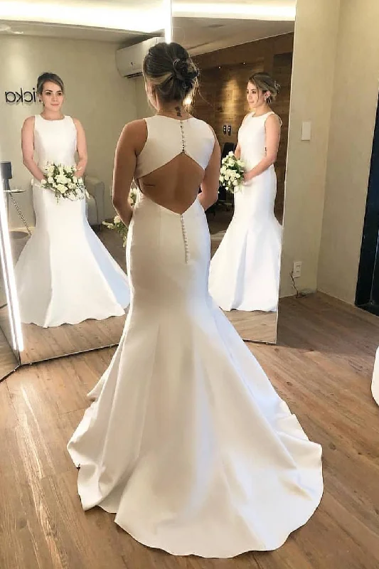Limited Time Discount Minimalist Long Scoop Mermaid Ivory Wedding Dress with Cutout