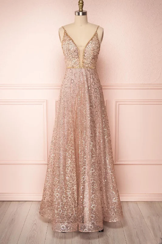 Price Blitz Sparkly Illusion V Neck Rose Gold Long Prom Dress
