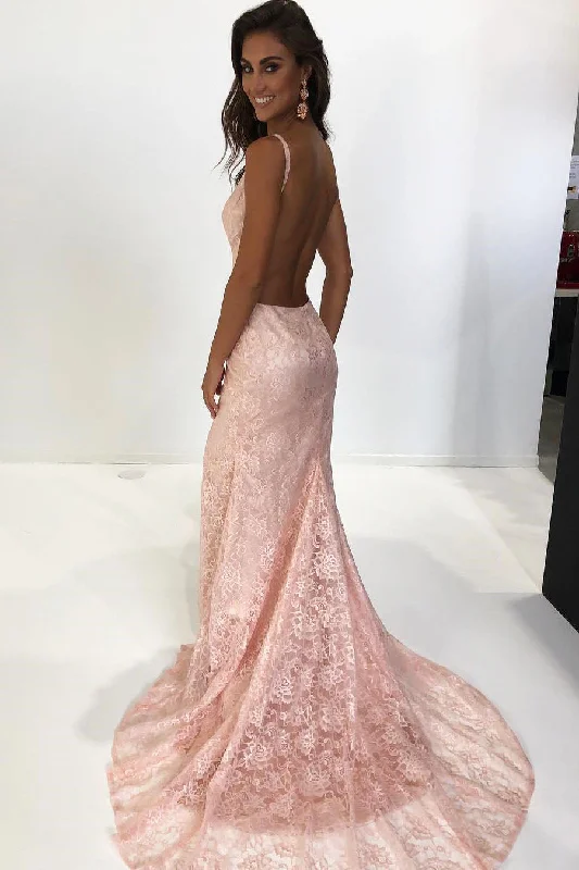 Stock Clearance Elegant Mermaid Pink Lace Long Evening Dress