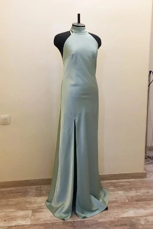 Limited Quantity Long Satin Draped Sage Green Halter Bridesmaid Dress