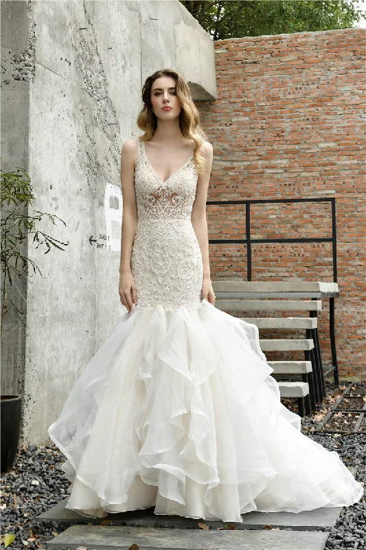 Price Reduction V Neck Mermaid Ivory Wedding Dress with Cascading Ruffles