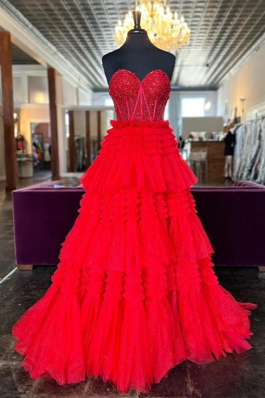 Best Bargains Red Sweetheart Sequins Top Multi-Layers Prom Dress
