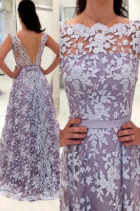 Loyalty Reward Scalloped-Edge V-Back Appliques Long Evening Dress
