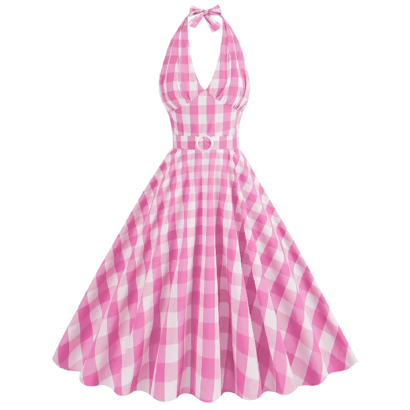 Discount Deals Halter Pink Plaid 1950s Dress With Belt