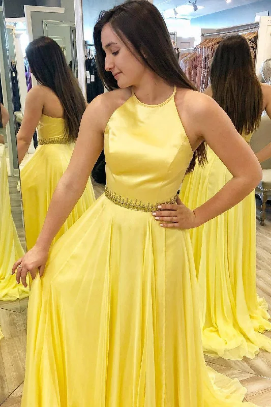 Weekend Special Halter Yellow Long Prom Dress with Beaded Belt
