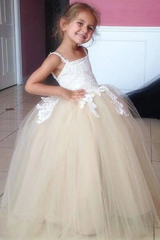 Big Discounts Ball Gown Champagne Appliqued Long Flower Girl Dress