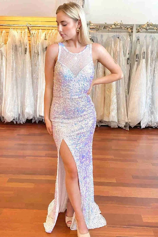 Blowout Deals Illusion Crew Neck Beaded White Long Prom Dress