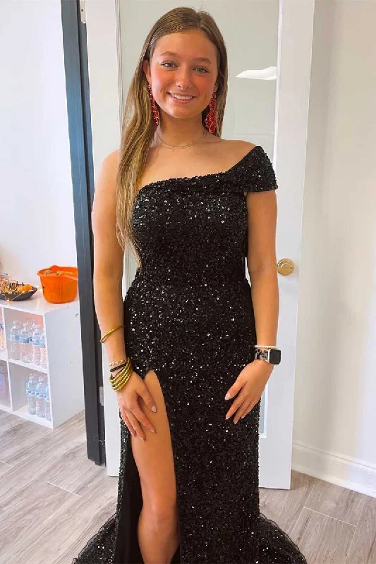 Huge Discounts Black One Shoulder Cap Sleeve Sequined Long Party Dress