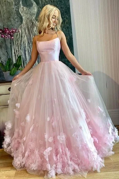 Overstock Sale Floral Appliques A-line Spaghetti Straps Pink Prom Dress