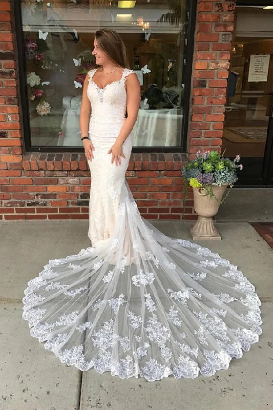 Daily Specials Long Mermaid Lace Strap Ivory Wedding Dress with Train