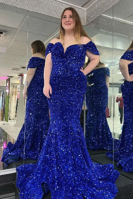 Stock Clearance Mermaid Off the shoulder Prom Dress in Royal Blue