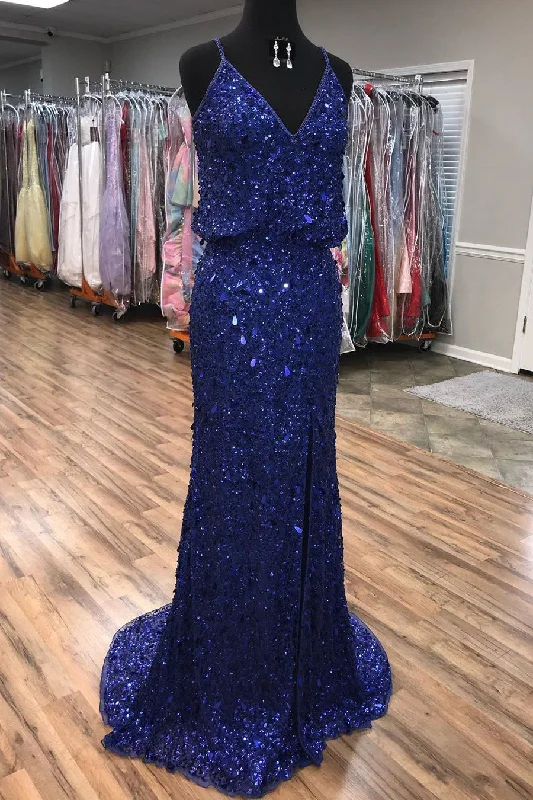 Price Drop Sparkly V Neck Straps Navy Blue Sequin Long Prom Dress