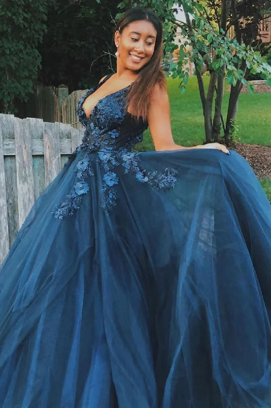 Special Discount Sexy V-Neck Long Navy Blue Prom Dress with Appliques