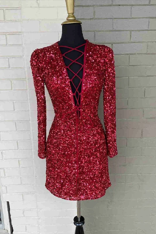 Unbeatable Prices Tie Front Top Burgundy Long Sleeves Tight Homecoming Dress