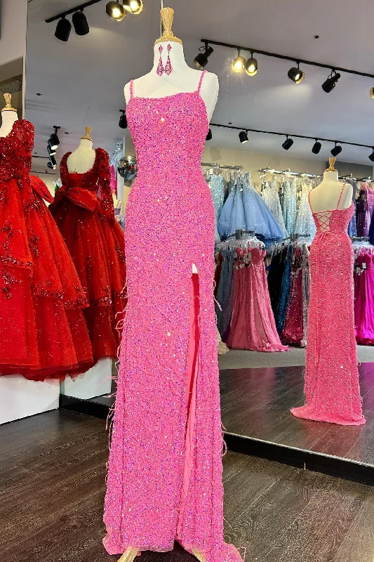 Deal Dash Hot Pink Fitted Sequins Slit Long Prom Dress with Feathers