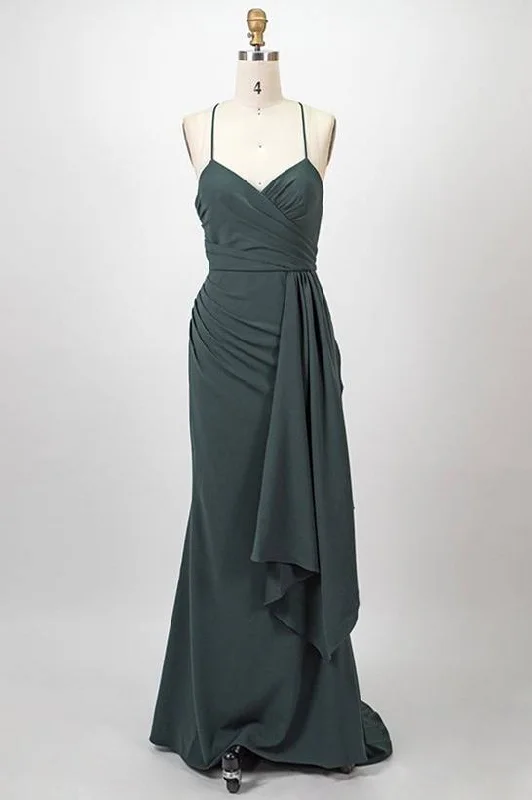 Reduced Prices Straps Dark Green Pleated Long Bridesmaid Dress