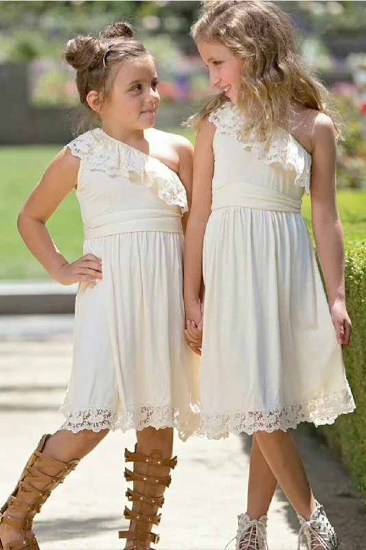 Bonus Savings One Shoulder Ivory Flower Girl Dress with Lace Ruffles