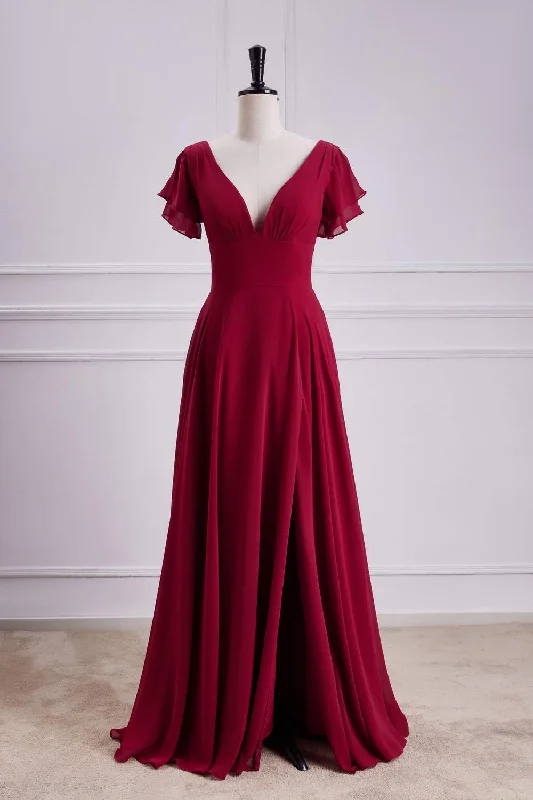 Epic Deals V-Neck Red Chiffon Bridesmaid Dress with Flutter Sleeves