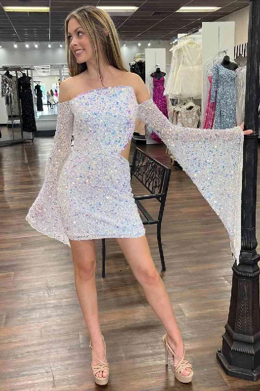 Price Smash Fitted Sequins White Long Sleeves Short Homecoming Dress