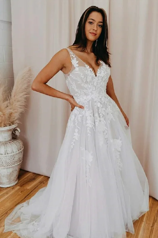 Exclusive Savings V Back Long White Wedding Dress with Lace