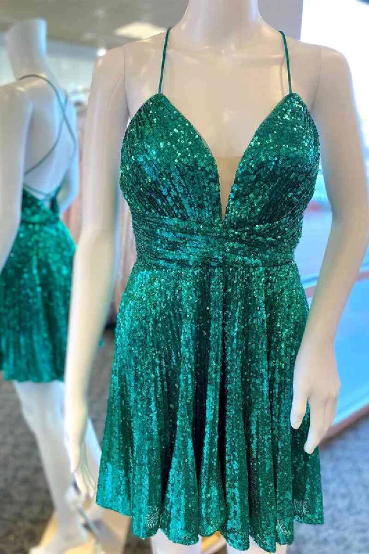 Limited Time Tie Back Emerald Green Sequins Short Homecoming Dress