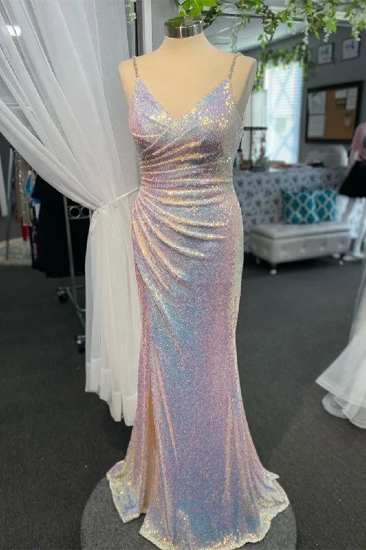 Time-Limited Offer Glitter Pleated Mermaid Long Prom Dress with Slit