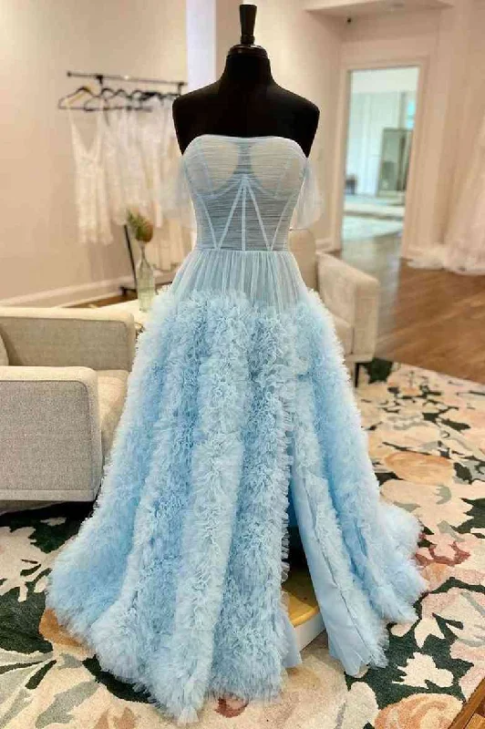 Daily Deals Strapless Light Blue Ruffle Tulle A-Line Prom Dress with Sheer Mesh