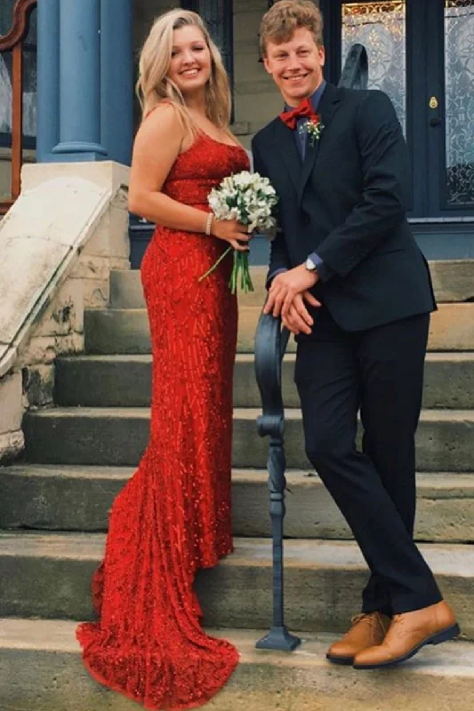 Early Access Lace-Up Back Mermaid Red Long Prom Dress with Beads