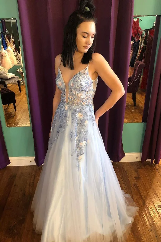 Exclusive Savings Elegant Straps White and Blue Long Prom Dress with Floral Embroidery