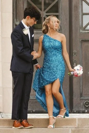 Weekend Deal One Shoulder Blue Mermaid Long Prom Dress