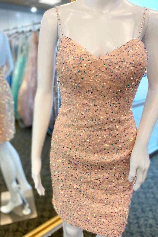 Amazing Deals Peach Sequined Tight Homecoming Dress