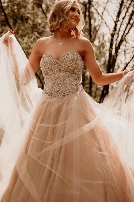 Best Bargains Elegant Strapless Champagne Wedding Dress with Beads