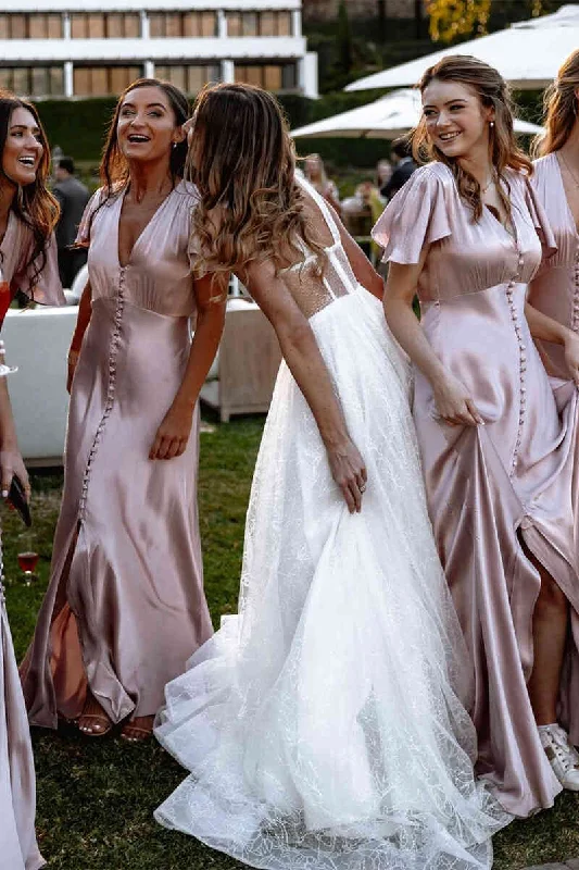 Crazy Deals Elegant V-Neck Champagne Long Bridesmaid Dress with Sleeves