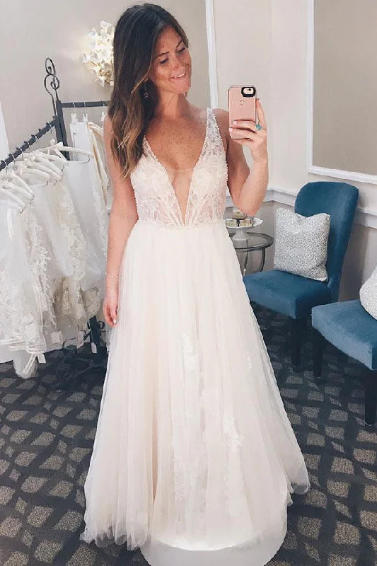 Instant Discount Long Illusion V Neck A-line Ivory Wedding Dress with Lace