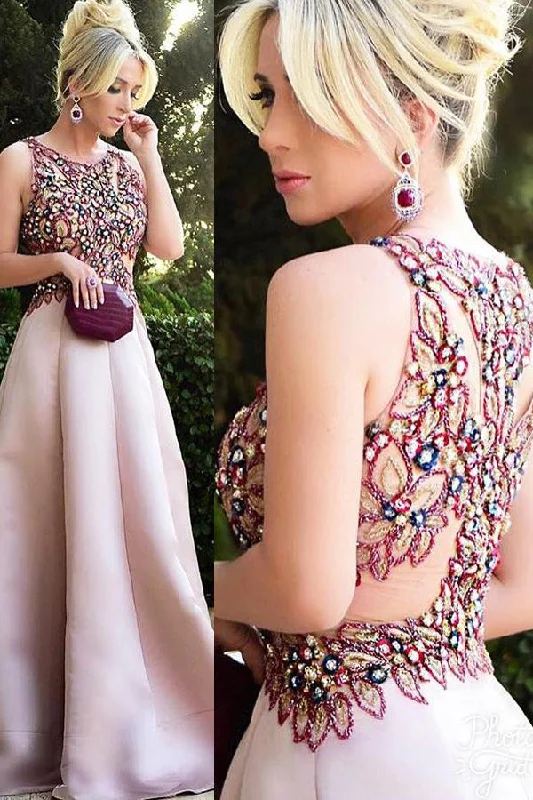 Steals and Deals Gorgeous Beaded Floral Blush Pink Long Prom Dress
