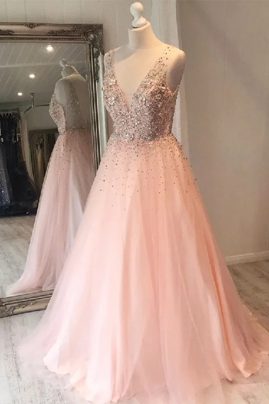 Midnight Madness Elegant V-Neck Beaded Long Pale Pink Prom Dress