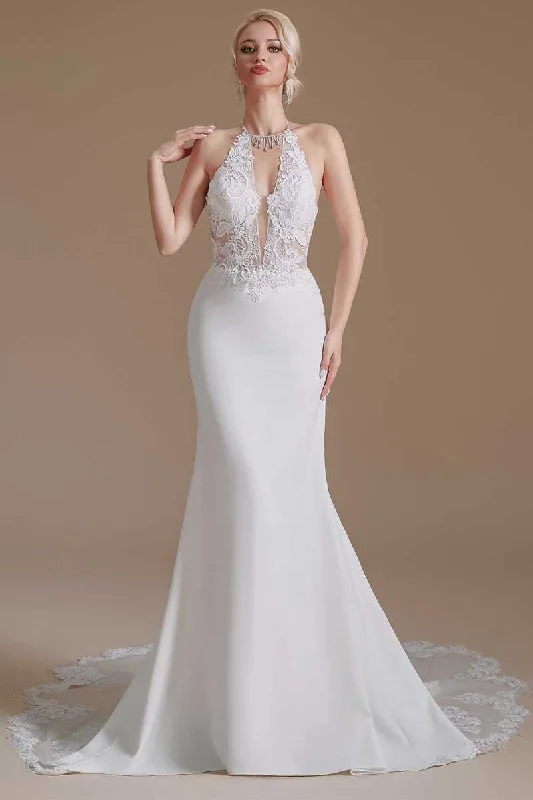 Savings Event Plunging Halter White Lace Mermaid Wedding Dress