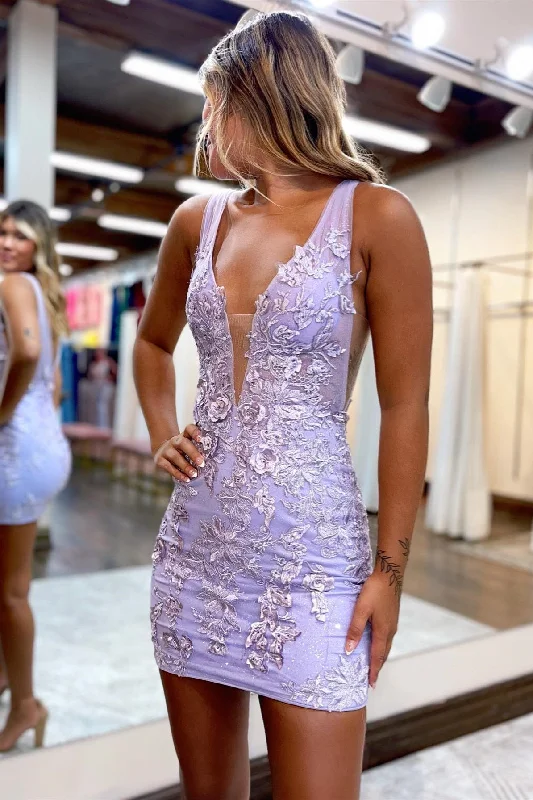 Fantastic Deals Lavender Plunging V Neck Appliques Short Tight Homecoming Dress