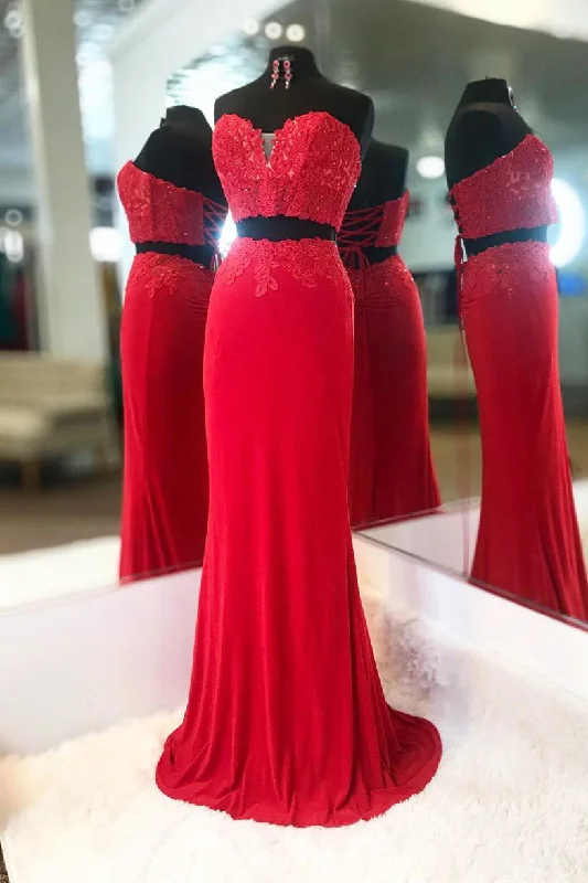 Daily Deals Elegant Two Piece Sweetheart Beaded Red Prom Dress with Lace-up Back