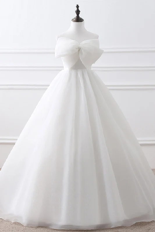Steals and Deals Long Lace-Up A-line Strapless White Wedding Dress with Bowkot