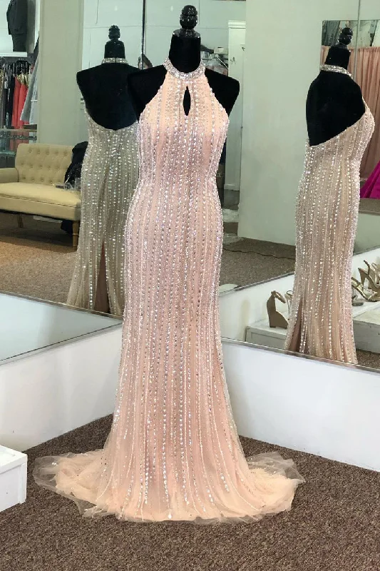 Price Fest Elegant Halter Mermaid Pink Beaded Long Prom Dress with Slit