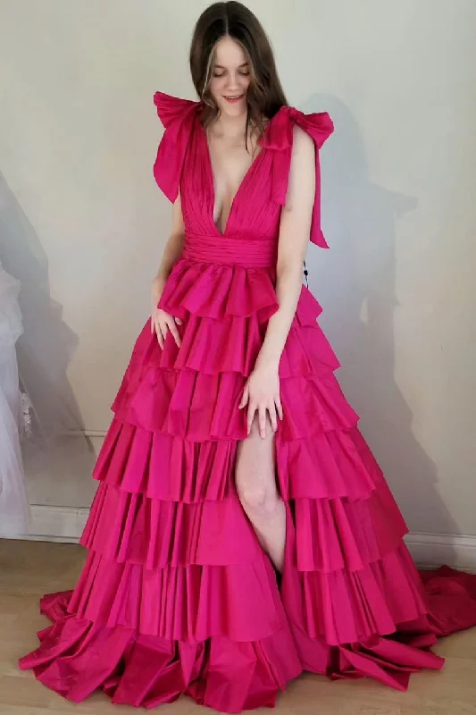 Unmissable Offer Plunging V-Neck Fuchsia Bow Straps Ruffle Ball Gown