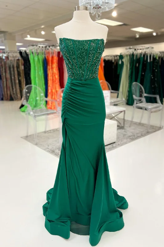 Special Buy Hunter Green Mermadi Strapless Beaded Pleated Long Prom Dress