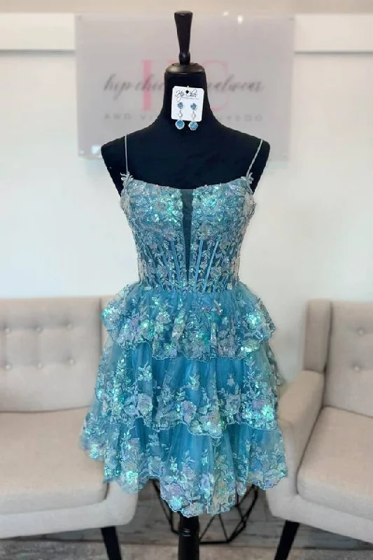Deal Frenzy Applique A-Line Ruffle Homecoming Dress Spaghetti Straps