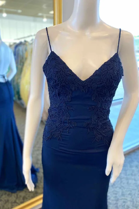 Deal Explosion Lace Top Navy Blue V-Neck Mermaid Long Prom Dress