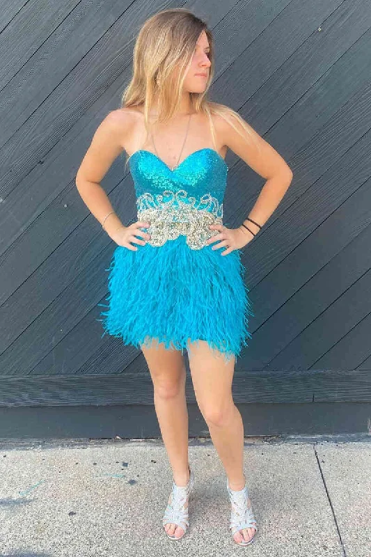While Supplies Last Sweetheart Blue Sequins Midi Homecoming Dress with Feather