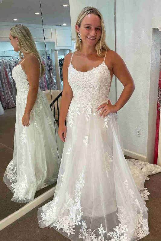 Amazing Deals Strapless White Appliqued Long Wedding Dress with Sweep Train