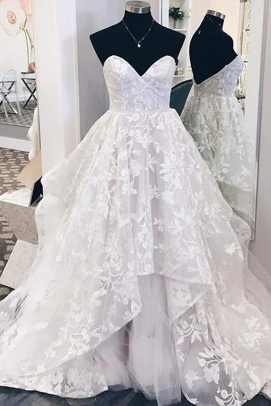 Act Fast Long Ruffles A-line Sweetheart White Wedding Dress with Appliques